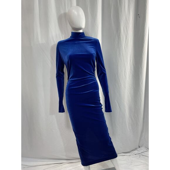 Essentiel Antwerp 'Erita' Blue Velvet Mockneck Midi Dress Size 1 - Picture 2 of 5